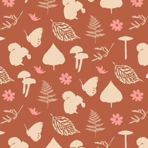 Forest Animals with Leaves Mushrooms Pink Daisies on a Brown Background Large Scale