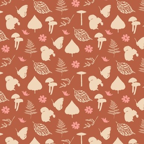 Forest Animals with Leaves Mushrooms Pink Daisies on a Brown Background Medium Scale