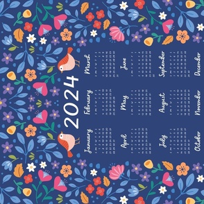 Pretty blue pink pastel calendar with birds, flowers and leaves