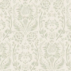 small scale // floral wallpaper - creamy white_ light sage green - elegant flowers