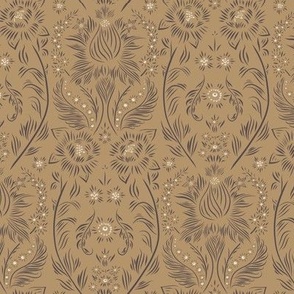 small scale // floral wallpaper - creamy white_ lion gold_ purple brown - elegant flowers