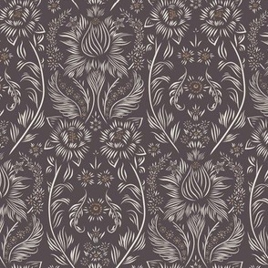 small scale // floral wallpaper - creamy white_ lion gold_ purple brown 02 - elegant flowers
