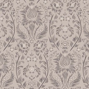 small scale // floral wallpaper - creamy white_ purple brown_ silver rust - elegant flowers