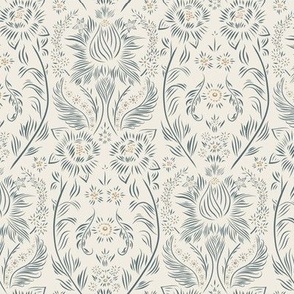 small scale // floral wallpaper - creamy white_ lion gold_ marble blue - elegant flowers