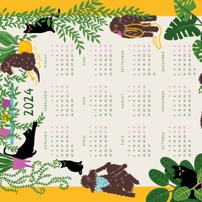 Plants & Pets 2024 Calendar Teatowel featuring hand-illustrated dogs, cats and house plants