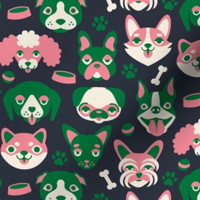 My Favorite People Are Dogs - Cute Dog Faces - Preppy Pink + Green on Navy Blue
