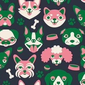 My Favorite People Are Dogs - Cute Dog Faces - Preppy Pink + Green on Navy Blue
