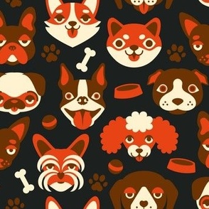 My Favorite People Are Dogs - Cute Dog Faces - Retro Orange / Red on Black