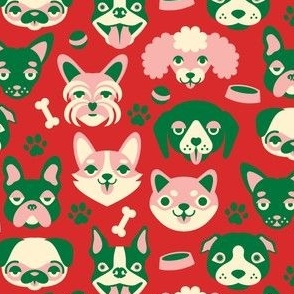 My Favorite People Are Dogs - Cute Dog Faces - Retro Christmas - Bright Red + Green