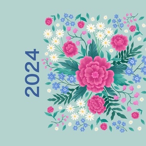 Spring Bouquet Calendar 2024 on Mint Green fabric