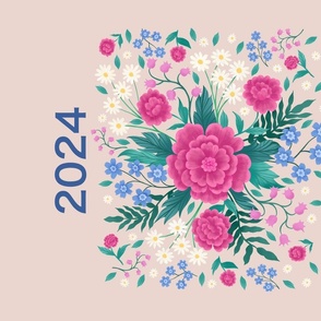 Spring Bouquet 2024 Calendar on salmon pink fabric