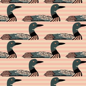 Loon Bird Wallpaper on a Pink Stripe Background Large Scale 