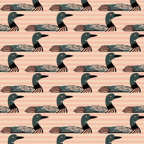Loon Bird Fabric on a Pink Stripe Background Medium Scale 
