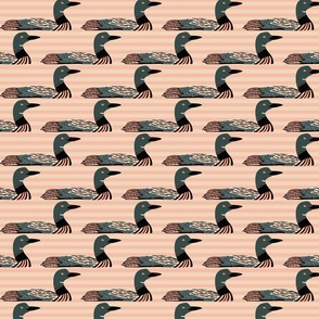 Loon Bird Fabric on a Pink Stripe Background Small Scale 