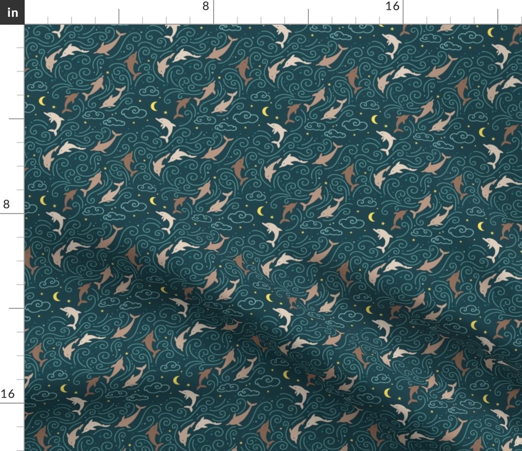 Dancing Dolphins - Dark Teal and Brown