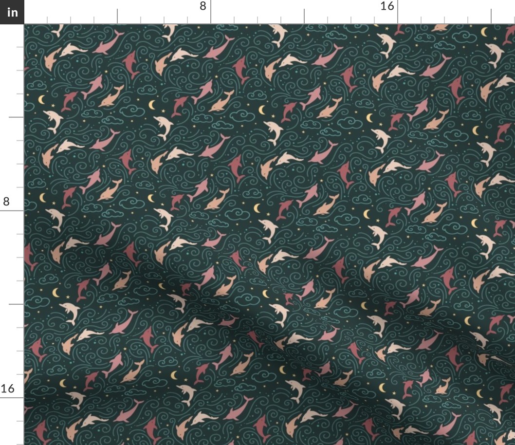 Dancing Dolphins - Earthy Pinks and Dark Green