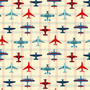 Vintage Airplanes and Gingham - Red, Blue and Cream - Medium Scale