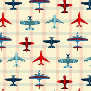 Vintage Airplanes and Gingham - Red, Blue and Cream - Large Scale