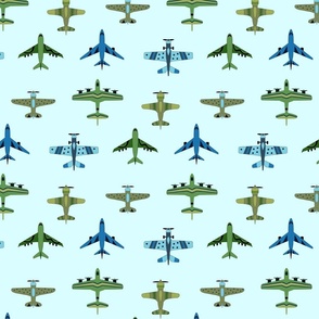 Green and Blue Vintage Airplanes - on Baby Blue - Medium Scale