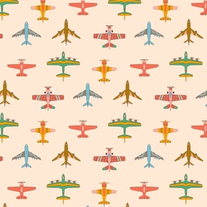Vintage Airplanes in 70s Colors - On Cream - Medium Scale