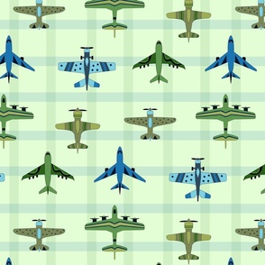 Vintage Airplanes and Gingham - Green, Blue and Mint - Medium Scale