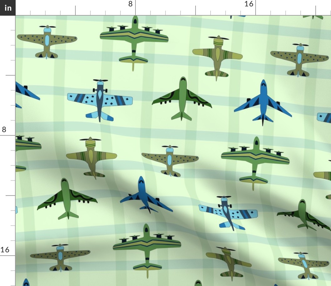 Vintage Airplanes and Gingham - Green, Blue and Mint - Medium Scale