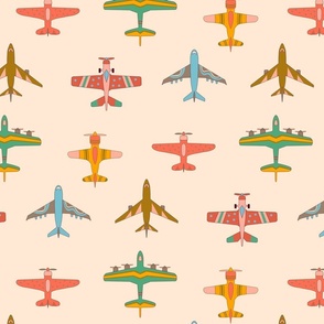 Vintage Airplanes in 70s Colors - On Cream - Large Scale