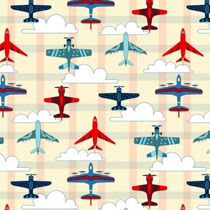 Vintage Airplanes with Clouds and Gingham - Red, Blue and Cream - Large Scale