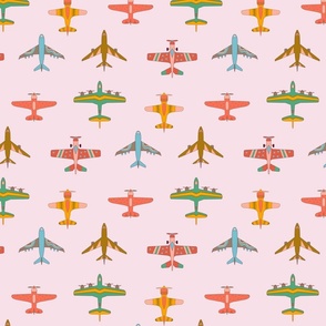 Vintage Airplanes in 70s Colors - On Blush - Medium Scale