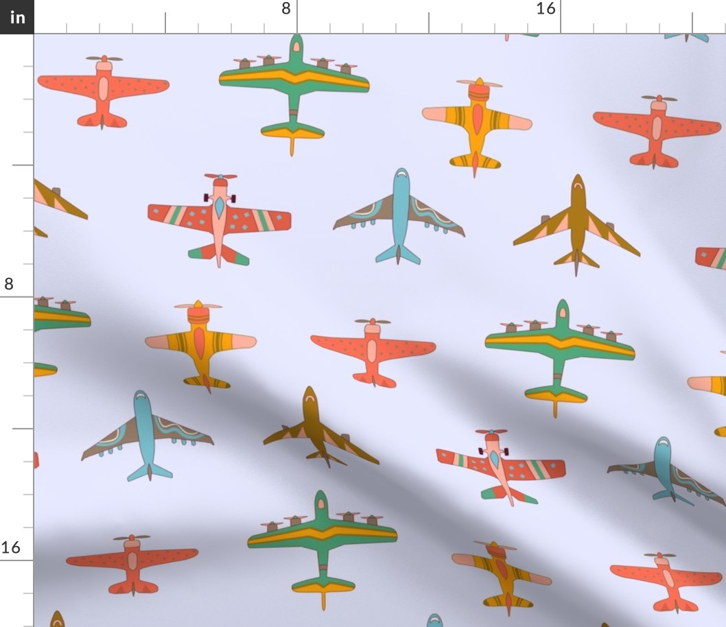 Vintage Airplanes in 70s Colors - On Lilac - Large Scale