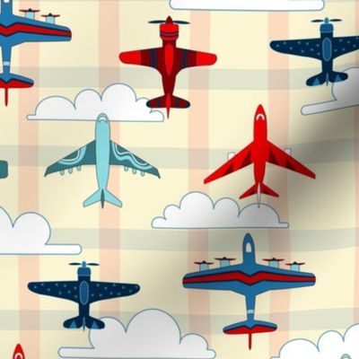Vintage Airplanes with Clouds and Gingham - Red, Blue and Cream - Medium Scale
