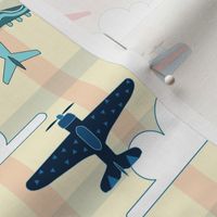 Vintage Airplanes with Clouds and Gingham - Red, Blue and Cream - Medium Scale