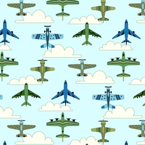 Green and Blue Vintage Airplanes - Soft Cloudy Sky - Large Scale