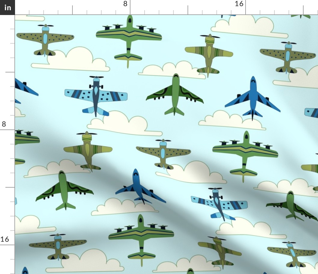 Green and Blue Vintage Airplanes - Soft Cloudy Sky - Large Scale