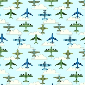 Green and Blue Vintage Airplanes - Soft Cloudy Sky - Medium Scale