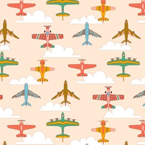 Vintage Airplanes in 70s Colors - Cream Cloudy Sky - Large Scale