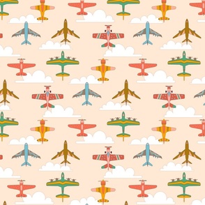 Vintage Airplanes in 70s Colors - Cream Cloudy Sky - Medium Scale
