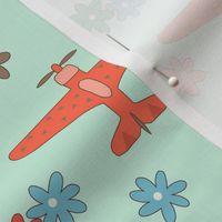 Vintage Airplanes in 70s Colors -  Mint Daisy Field  - Large Scale