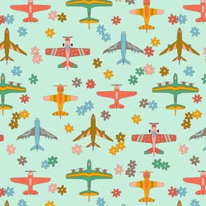 Vintage Airplanes in 70s Colors -  Mint Daisy Field  - Large Scale