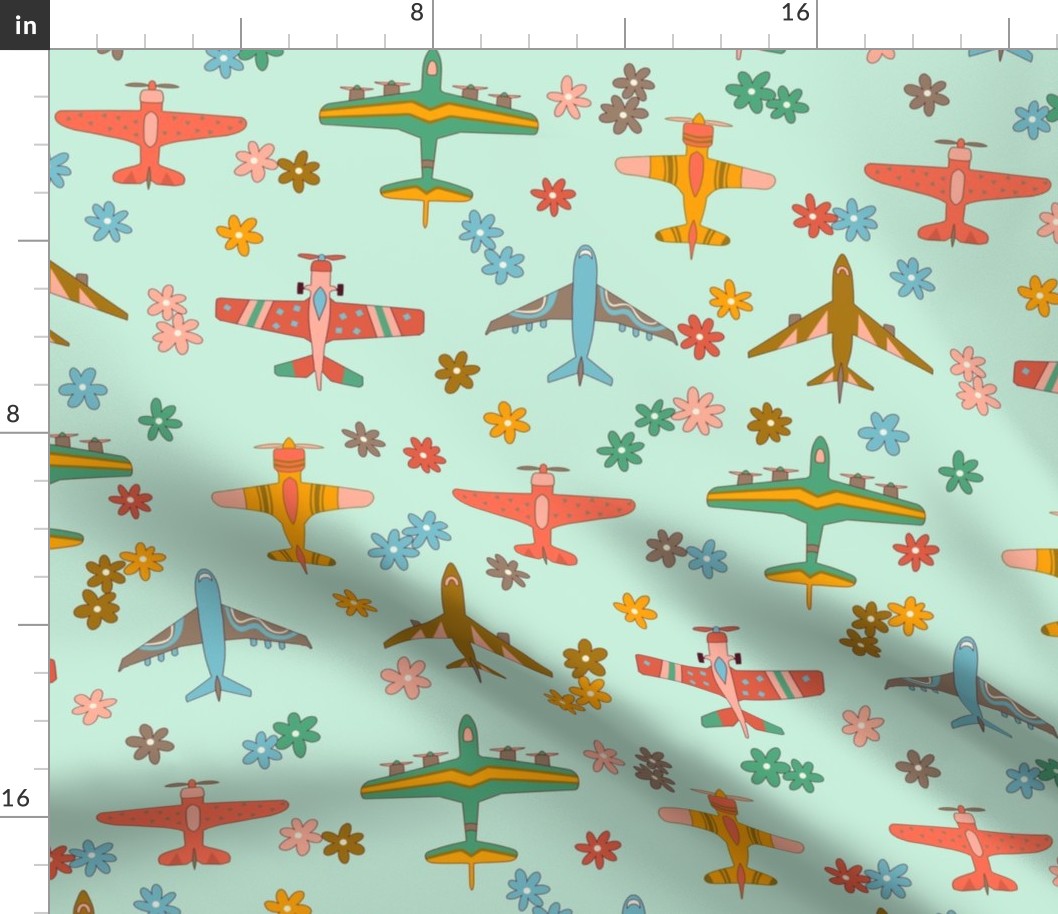 Vintage Airplanes in 70s Colors -  Mint Daisy Field  - Large Scale