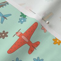 Vintage Airplanes in 70s Colors -  Mint Daisy Field  - Medium Scale