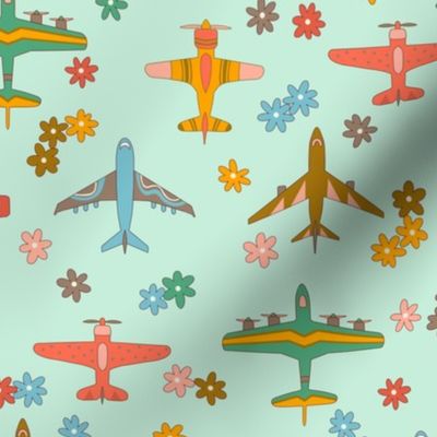 Vintage Airplanes in 70s Colors -  Mint Daisy Field  - Medium Scale