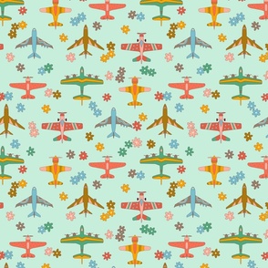Vintage Airplanes in 70s Colors -  Mint Daisy Field  - Medium Scale