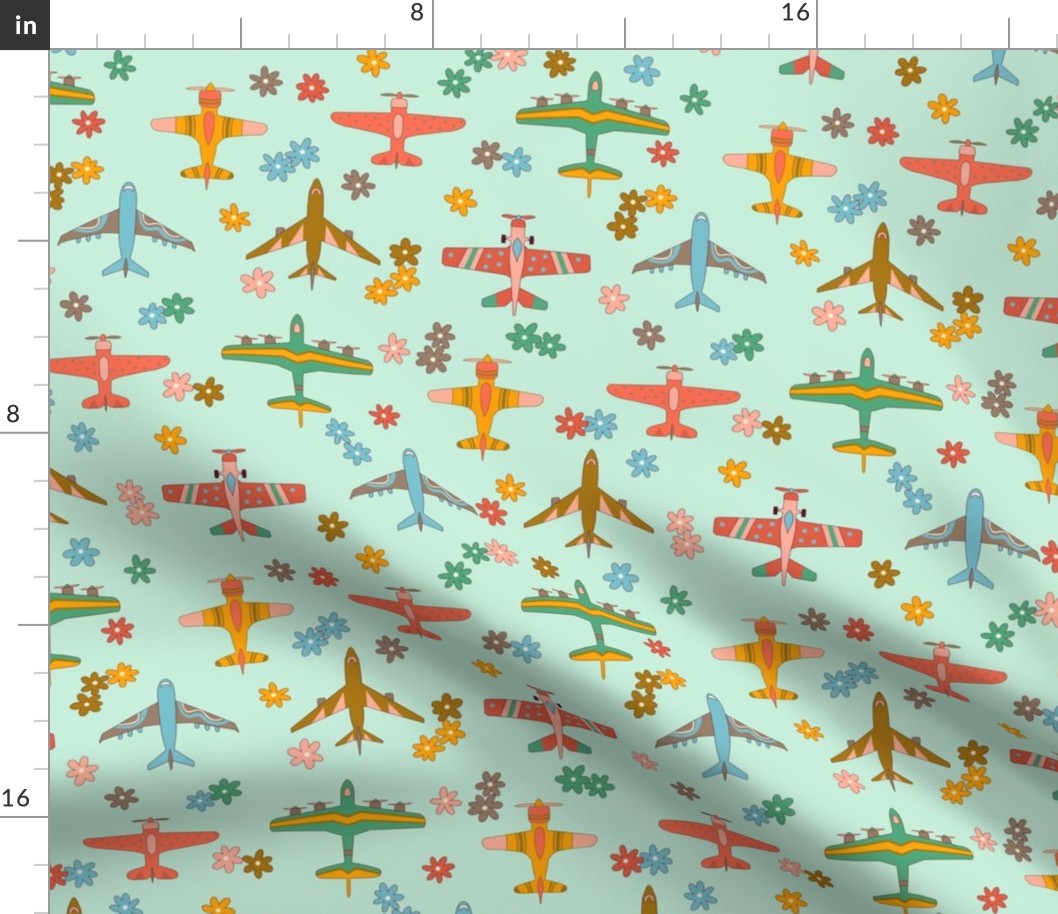 Vintage Airplanes in 70s Colors -  Mint Daisy Field  - Medium Scale