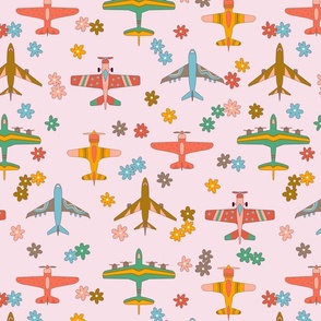Vintage Airplanes in 70s Colors - Blush Daisy Field  - Large Scale