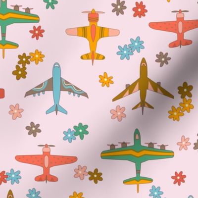 Vintage Airplanes in 70s Colors - Blush Daisy Field  - Medium Scale