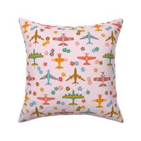 Vintage Airplanes in 70s Colors - Blush Daisy Field  - Medium Scale