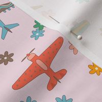 Vintage Airplanes in 70s Colors - Blush Daisy Field  - Medium Scale