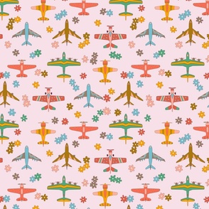 Vintage Airplanes in 70s Colors - Blush Daisy Field  - Medium Scale