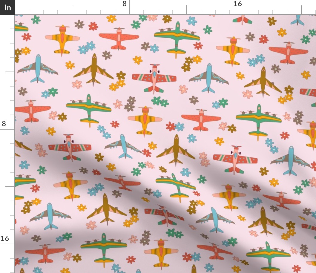 Vintage Airplanes in 70s Colors - Blush Daisy Field  - Medium Scale